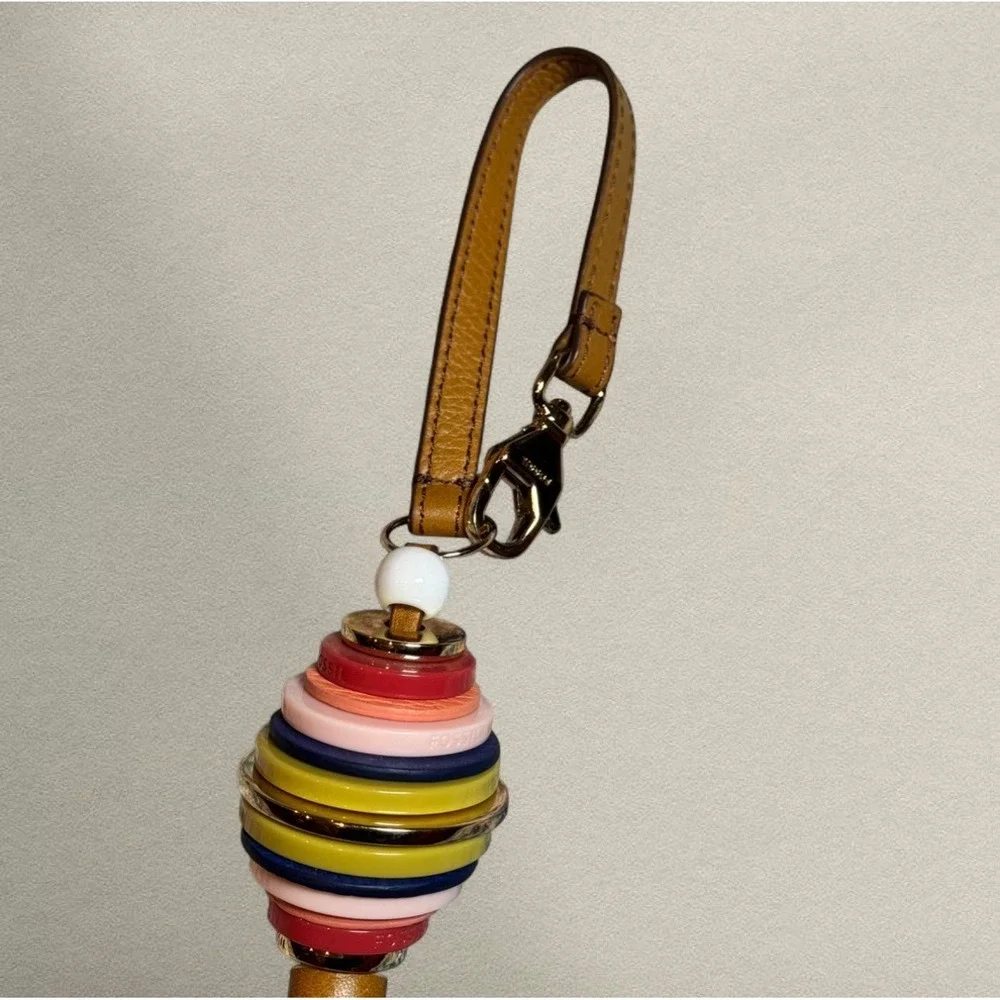 Fossil‎ Leather Tassel Bag Charm Multicolor Resin Ring Keychain Boho